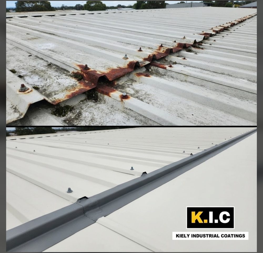 Before (top) and after (bottom): Roof sheets: rust-treated and recoated