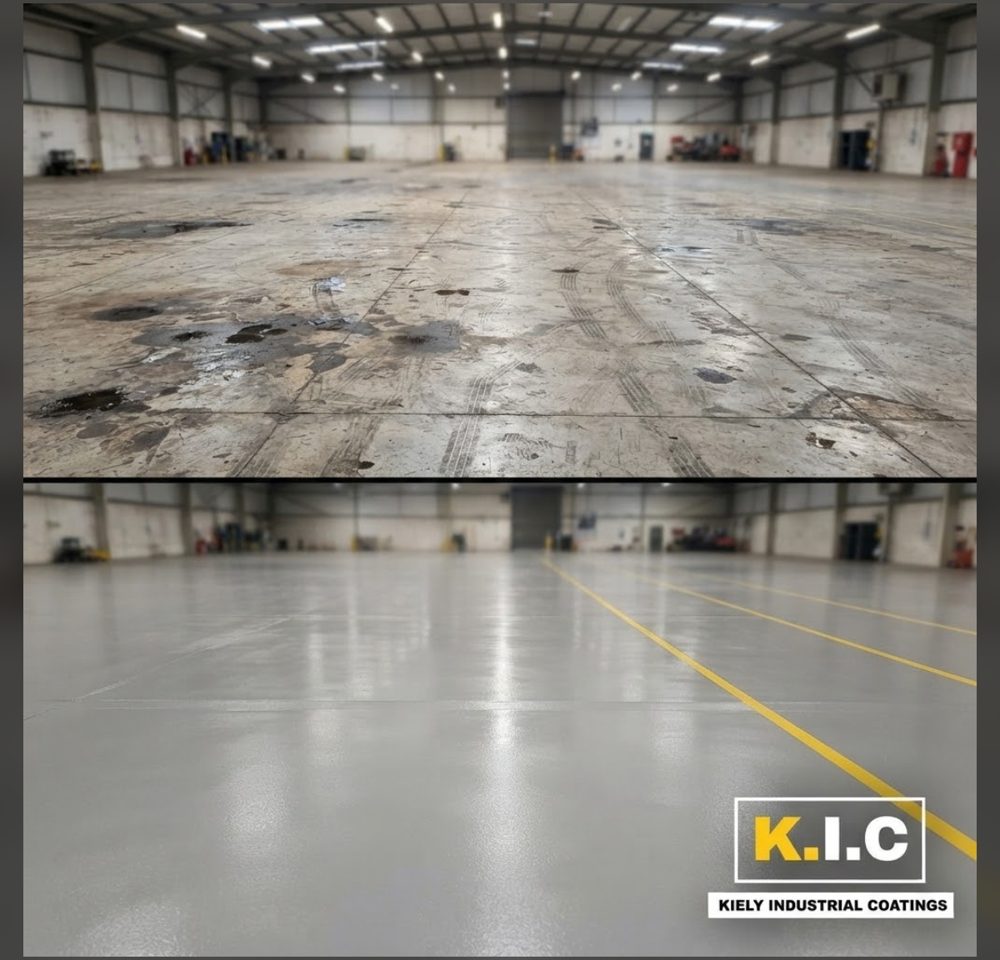 Before (top) and after (bottom): Warehouse floor: epoxy with marked walkways