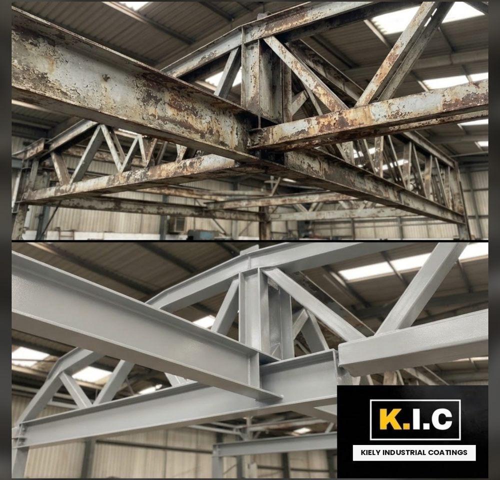 Before (top) and after (bottom): Steel roof trusses: rust removed and coated