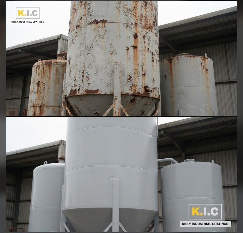 Before (top) and after (bottom): Silos and tanks: anti-corrosive system