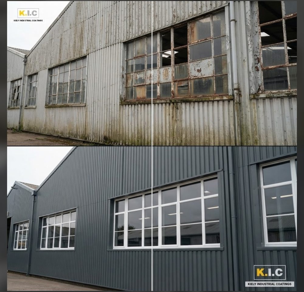 Before (top) and after (bottom): Cladding and window frames: full respray