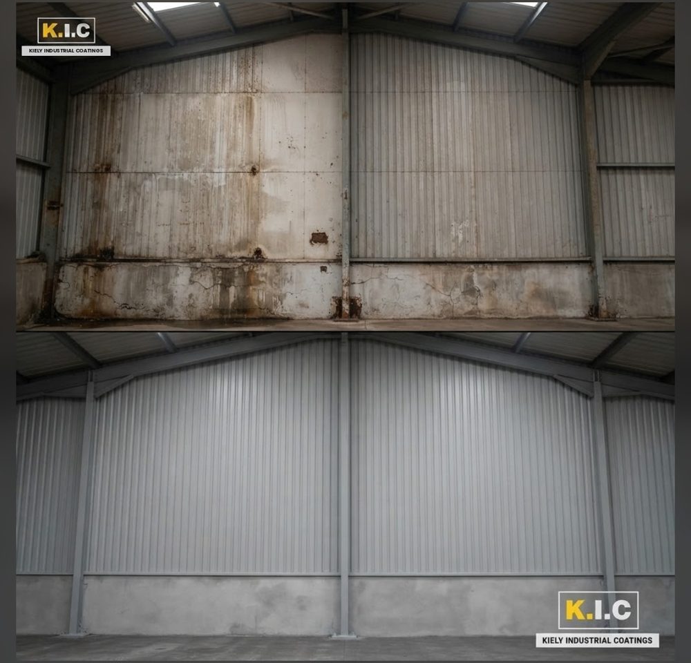 Before (top) and after (bottom): Shed interior: walls and steelwork