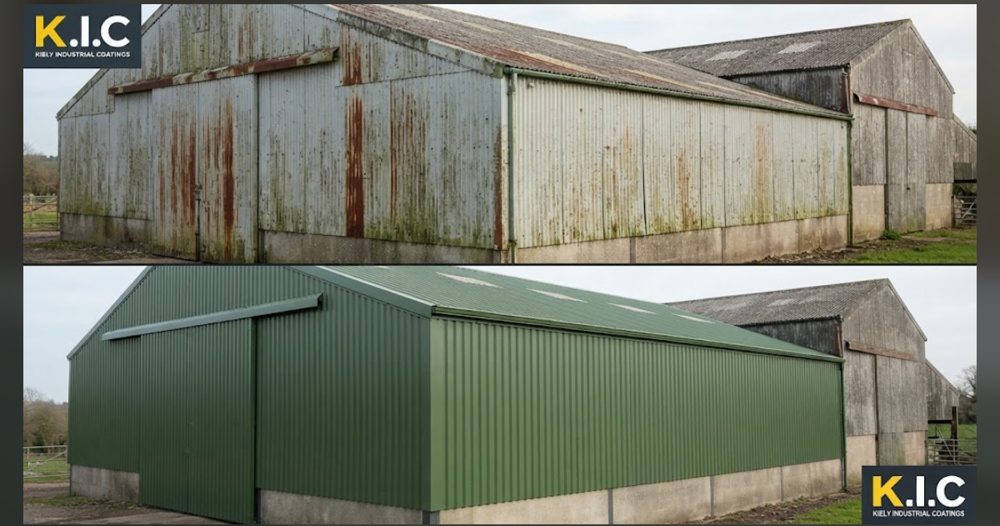 Before (top) and after (bottom): Agricultural barn: green finish