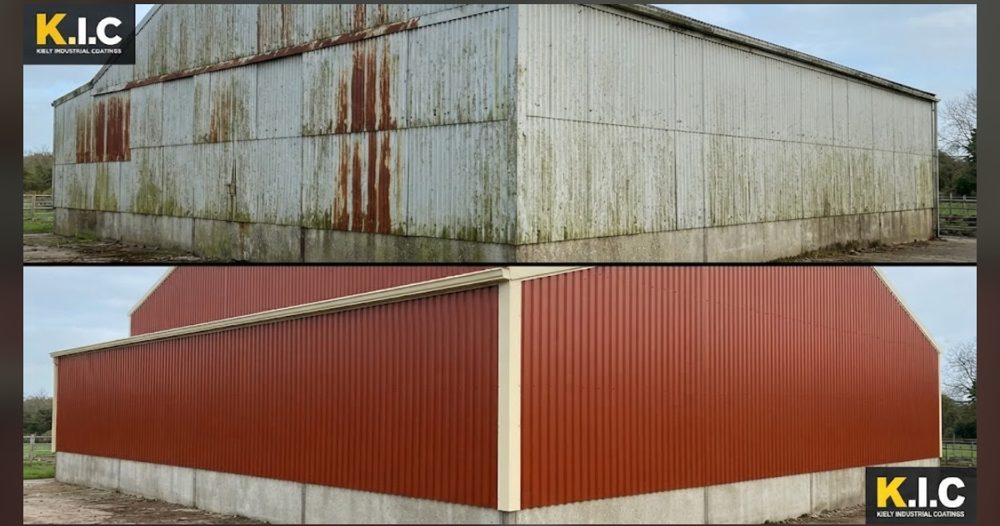 Before (top) and after (bottom): Agricultural barn: red finish